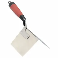 Outside-corner trowel with a stainless steel blade measuring 5 inches long and 3 3/4 inches wide. Used for applying joint compound to drywall corner beads during finishing work.