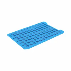 Blue silicone sealing mat for 96-well plates, pre-slit with 8.5 mm well openings. Not vented. Provides a corrosion-resistant seal for sample storage, incubation, and assays requiring contamination prevention.