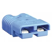 Two-pole plug-in connector rated for 10,000 mating cycles. Accepts 1/0 ga wire with a maximum diameter of 0.437 in. Blue housing. Suitable for power connections in battery systems, industrial equipment, and material handling applications requiring frequent disconnect and reconnect