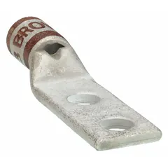 This two-hole compression lug is designed for terminating 2 AWG stranded copper wire. It features a standard copper barrel and an inspection hole to verify full wire insertion. Suitable for use in power distribution and grounding applications requiring secure, vibration-resistant connections.