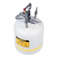 This HPLC waste can is a 5-gallon polyethylene container designed for collecting liquid waste from high-performance liquid chromatography systems. It features two stainless steel fittings and an EDPM seal for secure connections. Suitable for use in analytical laboratories and chemical processing facilities to contain solvent waste.