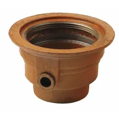 Round floor drain body with 4 in nominal pipe size and No Hub connection. Includes trap primer connection. Yellow finish. Used in commercial drainage applications to collect and remove surface water.
