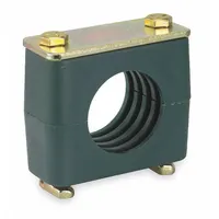 Steel clamp with polypropylene cushion for securing and dampening vibration on a single tube or pipe line. Ribbed bore provides grip while reducing noise and wear in fluid or pneumatic systems