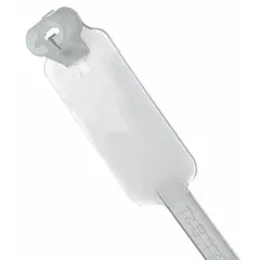 Natural nylon horizontal flag cable tie with a 1-5/8 in x 1/2 in marking pad oriented parallel to the tie. Nominal length 7-1/2 in, maximum bundle diameter 1-3/4 in. For indoor bundling and labeling of wires or cables. Supplied in packs of 1,000.
