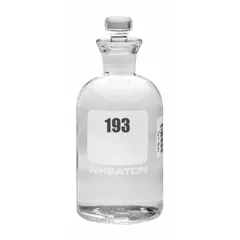 This 300 mL glass BOD bottle is designed for biochemical oxygen demand testing in water and wastewater analysis. It features a narrow mouth, colorless body, and a robotic stopper closure. The bottle is 165 mm tall and complies with ASTM/USP standards.