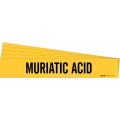 This adhesive pipe marker identifies pipes carrying muriatic acid. It features a yellow background with black legend text and fits pipe outer diameters from 2-1/2 to 7-7/8 inches. The marker does not include directional arrows. Sold in a pack of 5.