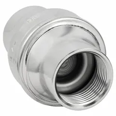 This BONOMI check valve features a 316 stainless steel inline valve body with FNPT x FNPT connections for 1-1/2 in pipe. The disc design prevents backflow in piping systems handling water, oil, gas, or chemicals where corrosion resistance is required.
