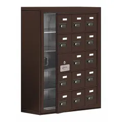 This surface-mount metal cell-phone locker is constructed with a bronze aluminum frame and comes fully assembled. It features 5 tiers, 3 units wide, providing 14 lockers with combination locks for secure storage. Suitable for environments where personal electronic devices need to be stored temporarily, such as during meetings or work shifts.