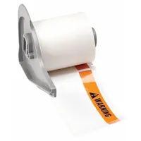 Orange-header polyester precut label roll measuring 1 29/32 in x 4 in, with rubber adhesive and halogen-free material properties. Compatible with M710 printer series. Used for on-demand warning labeling in industrial environments such as machining, electrical, and material handling departments