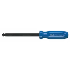 Ball end hex screwdriver with 12 mm tip size, long length, and alloy steel construction. The ball end allows off-axis engagement for driving hex socket fasteners in confined spaces. Suitable for general industrial applications.