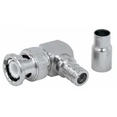 Male BNC connector with right-angle body for coaxial cable termination in video, RF, and data transmission systems. Silver and nickel-plated finish. Crimp-on attachment. Supplied in a 10-pack.