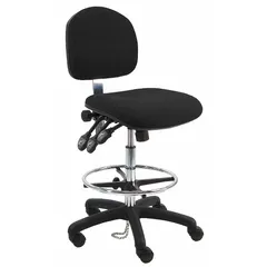 This armless fabric lab chair features a nylon base with five casters, adjustable seat height from 21 to 31 inches, and a 19-inch wide by 17-inch deep seat. It offers back tilt forward 105°, back tilt backward 80°, seat tilt forward -3°, and seat tilt backward 10°, with foot support. Suitable for laboratory, industrial, and assembly line settings where seated work requires frequent posture changes.