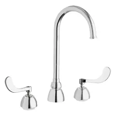Cast brass widespread deck-mounted faucet with two handles. Suitable for kitchen or bathroom sinks requiring a high-arc spout for filling large containers or providing handwashing clearance.