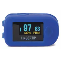 Fingertip pulse oximeter with color OLED display for non-invasive measurement of pulse rate and blood oxygen saturation (SpO2). Operates on AAA batteries. Suitable for medical, industrial safety, and wellness monitoring applications