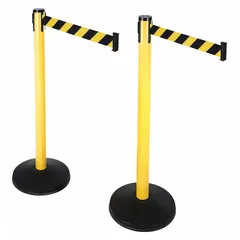 Retractable belt barrier system for crowd control and queue management. Each post is 40 1/2 in height with a 10 ft black/yellow patterned belt. Supplied as a 2-pack, part number 101YA-BYD-2PK.