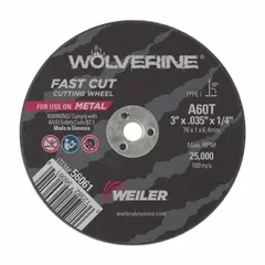 Type 1 cut-off wheel for carbon and stainless steel. Aluminum oxide abrasive with 60 grit. Dimensions: 3" diameter, 0.035" thickness, 1/4" arbor hole. Suitable for general-purpose cutting in metalworking, fabrication, and maintenance tasks.