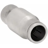 Nickel-plated brass union fitting with push-to-connect ends for 14 mm OD tubing. Enables tool-free connection and disconnection in pneumatic or fluid systems. Suitable for use in industrial automation, packaging, and material handling applications