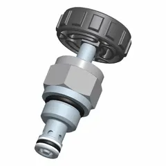 Screw-in flow control cartridge valve with screwdriver adjustment. Steel body, nitrile seals, C08-20 cavity size. Used in hydraulic systems to regulate fluid flow in mobile and industrial equipment.