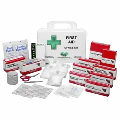 This wall-mountable first aid kit serves up to 10 people and contains 125 components, including 25 adhesive bandages, an elastic bandage, 5 antiseptic wipes, and 8 acetaminophen tablets. The white polypropylene housing is suitable for general-purpose use in workplaces or facilities requiring basic first aid supplies.