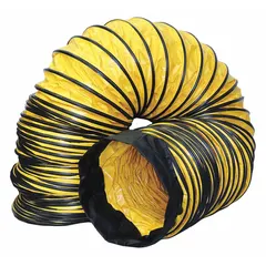 Yellow PVC-coated polyester ventilation duct with 12-inch diameter and 15-foot length. Designed for use with the VAF3000P ventilator. Includes quick connect for easy attachment. Meets UL-94-VO standards. Suitable for confined space ventilation, supplying fresh air or exhausting fumes in industrial maintenance, construction, and tank entry applications.