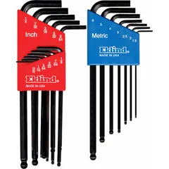 This 18-piece set includes both Metric and SAE sizes in a Ball-Hex-L™ design with single ball ends and long lengths. The L-shaped configuration provides leverage for tightening or loosening hex socket screws and bolts. Suitable for maintenance, assembly, and repair tasks where angled access is needed.