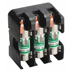 This LITTELFUSE fuse block is a 1-pole, open block design rated for 600 V AC. It features box lug terminals and is non-indicating. Designed for UL Class J fuses, it is used in industrial power distribution and control panels to provide overcurrent protection.
