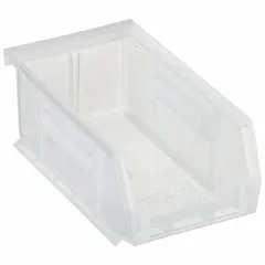 This clear plastic bin is designed for organizing small parts and components in industrial workstations, warehouses, and assembly lines. The transparent body allows quick visual identification of contents, and the integrated label holder supports inventory labeling for efficient storage and retrieval. It is not electrostatic discharge conductive and contains 0% recycled content.