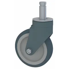 This gray, unfinished replacement caster is designed for use with the METRO 5PCRX-18 shelf and utility cart. It measures 5 inches in height, 1.5 inches in width, and 5 inches in depth. Commonly used in industrial and commercial settings to restore mobility to carts transporting supplies, tools, or materials.