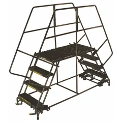 This rolling dual-access platform provides a stable elevated work surface for maintenance, assembly, and warehousing tasks. It features a 36 in x 60 in steel platform with a fixed height, handrails, and a foot-activated step lock for secure positioning. The unit supports an 800 lb load capacity and is not foldable.
