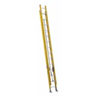 This 28 ft fiberglass extension ladder is non-conductive and rated for a 375 lb load capacity. It features a fixed fly design and weighs 67 lb. Suitable for tasks requiring electrical insulation, such as maintenance and construction work near energized equipment