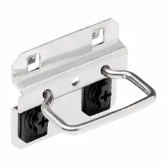 Surface-mount straight closed hook for square-hole pegboard, made of brushed stainless steel with a silver finish. Includes two hooks with 1-1/4 in depth and ABS retainers for secure locking. Designed for organizing wire cutters in workshops, garages, or industrial storage areas.