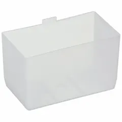 Clear plastic shelf bin cup for organizing small parts in industrial shelving systems. Measures 2-3/4 x 5 x 3 inches. Not electrostatic discharge conductive. Designed for use with shelf bins to separate components in warehouses, assembly lines, and maintenance shops.