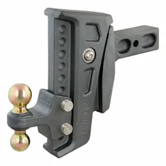 This adjustable hitch mount is made of cast steel with a rust-resistant dark gray Teridium finish. It accommodates 2 in or 2 5/16 in ball diameters and a 2 1/2 in ball shank diameter. Designed for towing trailers, boats, and equipment, it includes a receiver tube opening and helps minimize stress on the tow vehicle's suspension and brakes.