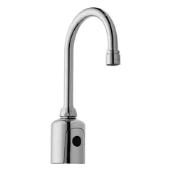 This single-post sensor faucet from the HyTronic Gooseneck series is constructed of cast brass with a polished chrome finish. It includes mounting hardware and is designed for touch-free handwashing in commercial restrooms and public spaces.