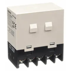 Bracket-mounted enclosed power relay with a square base and W-bracket mounting style. Features DPST-NC/DPST-NO contacts rated for 25 A at 30V DC (resistive load NO) and a 24V DC coil. Screw terminal connections. Suitable for switching high-current loads in industrial control panels, HVAC systems, and automation equipment.