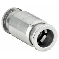 This SMC union fitting connects two 1/2 in OD tubes in pneumatic systems. It features a push-to-connect design on both ends for quick, leak-free assembly. The stainless steel construction and silver finish suit industrial automation and fluid handling applications