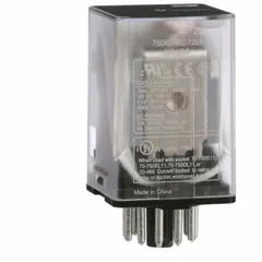 Socket-mounted general purpose relay from the 750R Series with 3PDT contact configuration, 10 A current rating at 28V DC-1 resistive load, and 120V AC coil voltage. Features an octal base with round pins and 11-pin terminal connection for plug-in mounting. Suitable for switching loads in industrial control panels and automation systems.