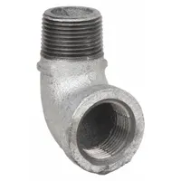 This 90° elbow is a medium-pressure threaded pipe fitting made of malleable iron, rated for 300 psi at 150°F. It is used to change flow direction in piping systems for steam, water, oil, or gas applications. The 3/4 in x 3/4 in size accommodates standard NPT connections