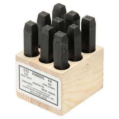 YOUNG BROS. STAMP WORKS Hand Stamp Kit: 0 thru 9 (6 doubles as 9), 5/32 in Character Ht - Heavy-Duty Sharp-Face Hand Stamps