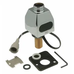 This spout body assembly and sensor is constructed from brass, copper, and plastic. It provides the sensing and flow-control components for touchless operation in compatible faucet systems, commonly used in commercial or institutional restrooms to reduce contact and improve hygiene.