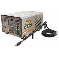 Stationary electric cold water pressure washer with belt-driven pump. Delivers 2000 psi at 3.9 gpm, powered by a 6 hp motor on 230 V single-phase. Designed for cold water intake only. Suitable for cleaning equipment, machinery, and surfaces in industrial and commercial facilities.