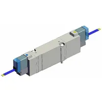 Double solenoid, five-way/three-position closed-center directional control valve with 5 ports. Operates on 24V DC with spring return to center, internal pilot, and non-locking manual override. Suitable for controlling air flow in pneumatic actuators and cylinders in industrial automation systems
