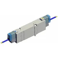 Double solenoid, five-way/three-position closed-center directional control valve with 5 ports. Operates on 24V DC with spring return to center, internal pilot, and non-locking manual override. Suitable for controlling air flow in pneumatic actuators and cylinders in industrial automation systems.