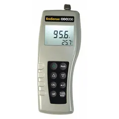 Handheld meter for measuring dissolved oxygen concentration up to 200% and temperature. DO accuracy is ±2% of reading or ±2% air saturation (whichever is greater) with 0.1% resolution. Temperature accuracy is ±0.3°C ±1 digit. Includes battery. Suitable for field and laboratory water testing.