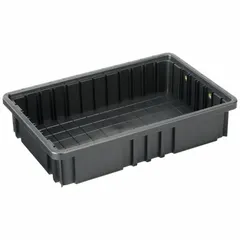 This plastic ESD static-control divider box is used to organize and protect sensitive electronic components in manufacturing, assembly, and storage environments. It has a capacity of 0.23 cu ft and dimensions of 16 1/2 in x 10 7/8 in x 3 1/2 in. The box is black and does not include a lid or dividers.