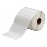 Vinyl wraparound label in white matte finish, measuring 1 7/16 in x 1 in. Designed for wire identification on 10 AWG to 4 AWG wire gauge. Compatible with BBP11 printer series and requires R4313 ribbon. Used in industrial electrical and panel building applications for clear marking of cables and wires