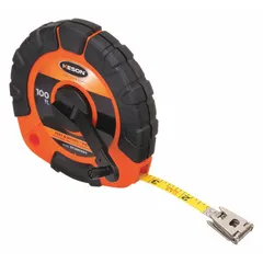 Manual closed-reel tape measure with a 100 ft / 30 m stainless steel blade. Features double-sided metric/SAE scale with 1/8 in and 2 mm graduations and a nonmagnetic single hook. Suitable for measuring distances in construction, surveying, and industrial applications.