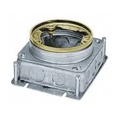 Round steel floor box with cover, designed for concrete floor installations. Provides (6) 1/2 in and (4) 3/4 in conduit knockouts for routing electrical wiring. Suitable for commercial and industrial applications requiring in-floor power and data access points.