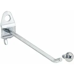 Zinc-plated steel hook with silver finish, designed for round-hole pegboards. Features a 30-degree angle and screw-in locking system for secure mounting. Includes screws. Suitable for organizing tools in workshops, garages, and retail displays.