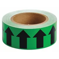 Green vinyl pipe marker tape with black directional flow arrows, 2 inches wide by 90 feet long. Non-reflective, suitable for marking flow direction in industrial piping systems. Provides clear visual indication for process and safety identification